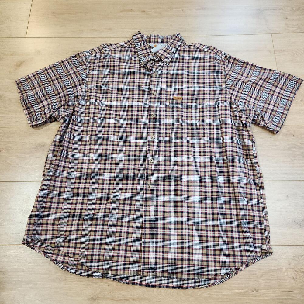 Vintage Carhartt Shirt Mens 2XL Beige Plaid Short Sleeve Button Up Workwear USA